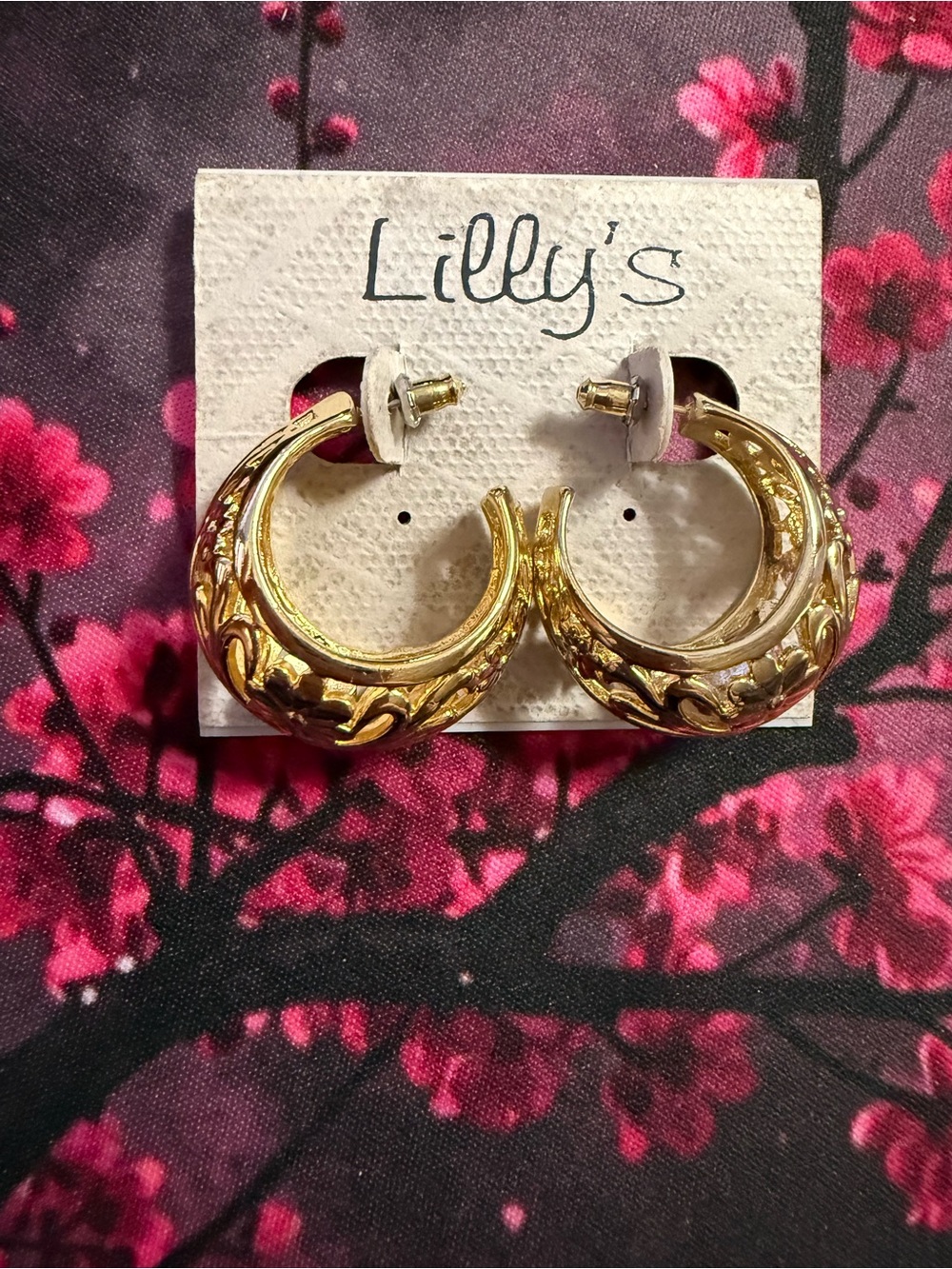 Gold Floral-Relief Hoop Earrings